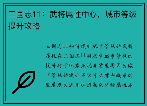 三国志11：武将属性中心，城市等级提升攻略